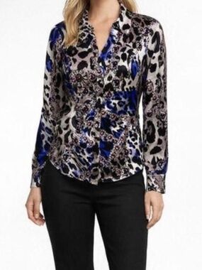 Womens Cache Silk Blue Print Blouse Long Sleeve Size Small